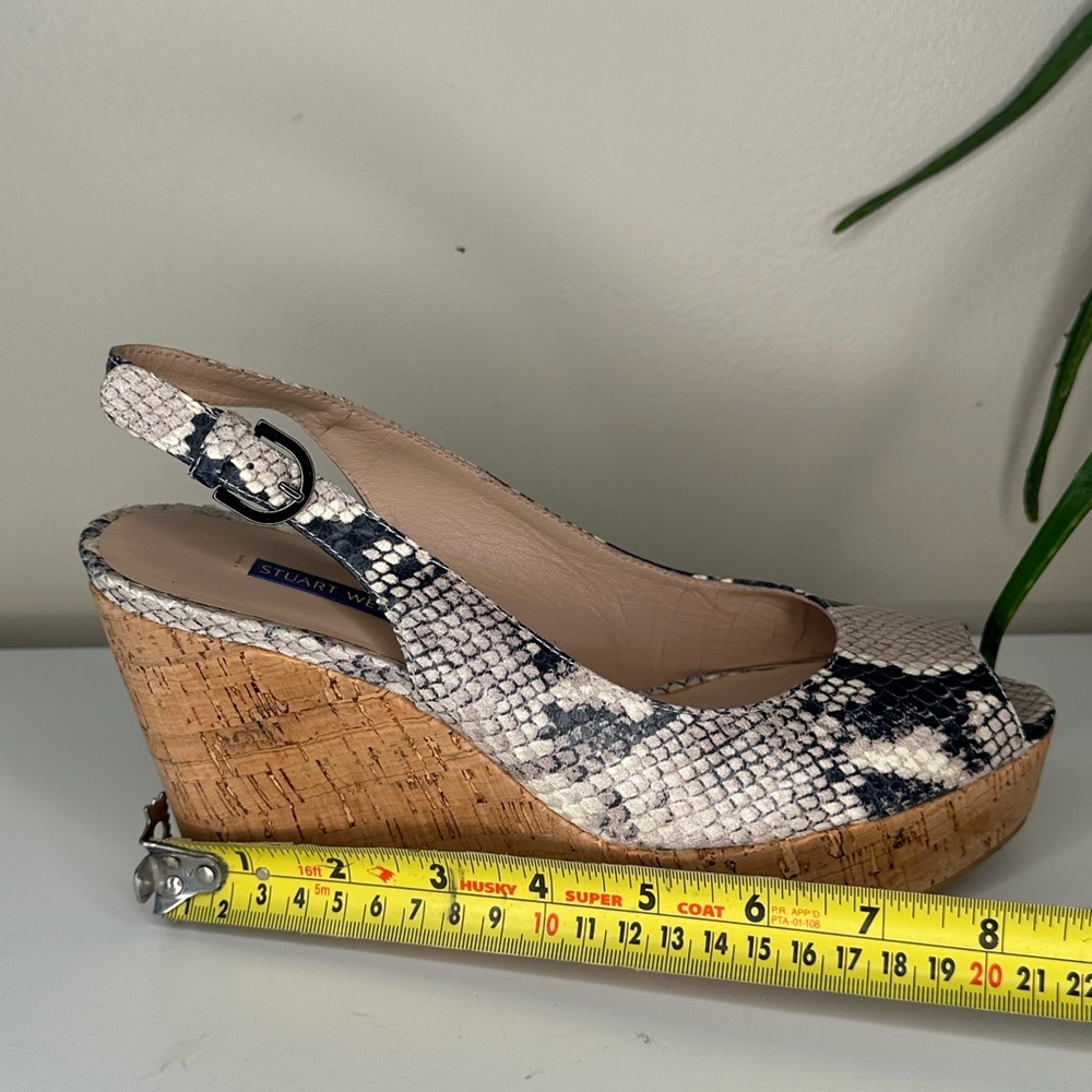 Stuart Weitzman Snakeskin Leather Cork Wedge Heels 8 | Peep Toe Slingback - Picture 9 of 13